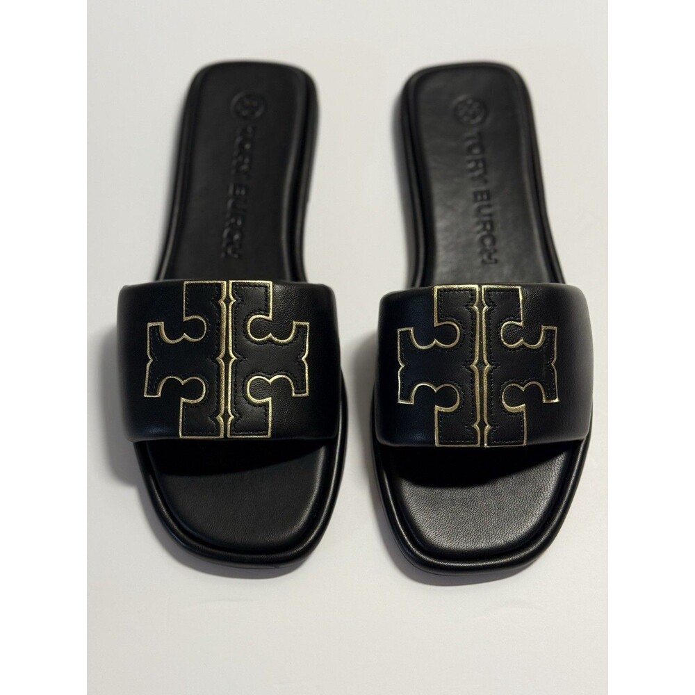 TORY BURCH DOUBLE T SPORT SLIDE 9 Color Perfect Black / Gold New with dust bag